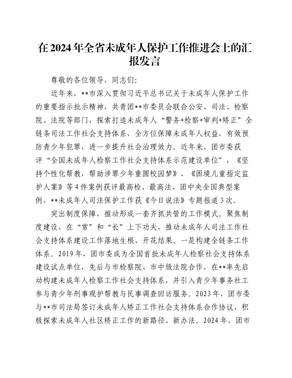 在2024年全省未成年人保护工作推进会上的汇报发言_第1页
