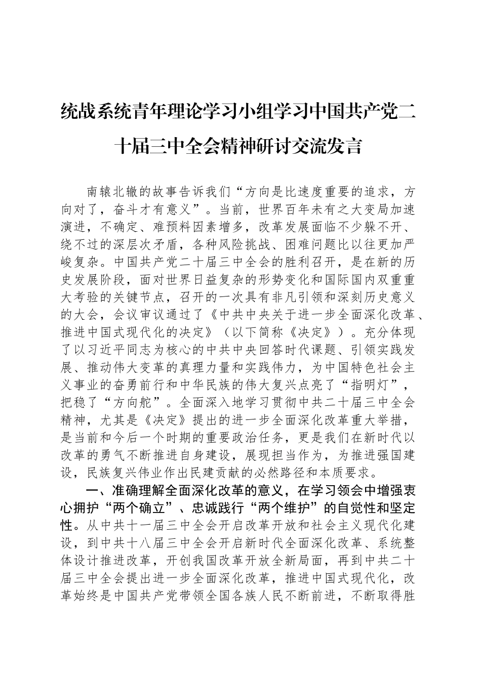 统战系统青年理论学习小组学习中国共产党二十届三中全会精神研讨交流发言_第1页