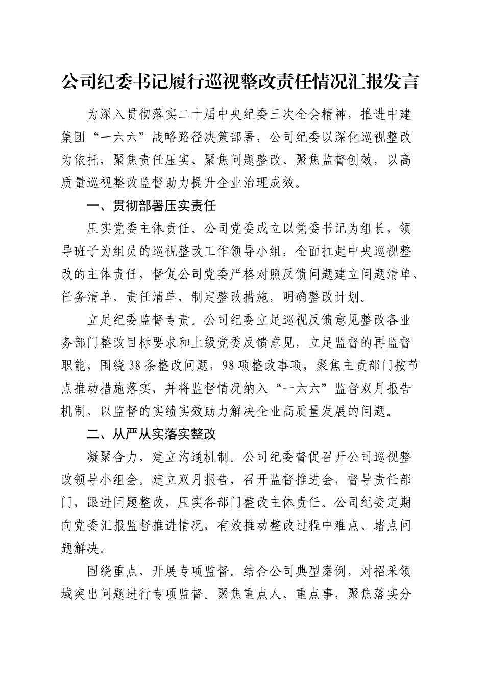 公司纪委书记履行巡视（巡察）整改责任情况汇报发言_第1页