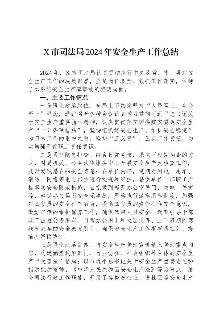 X市司法局2024年安全生产工作总结_第1页
