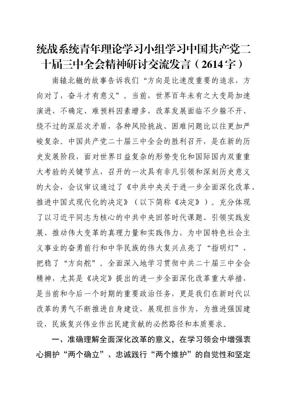 统战系统青年理论学习小组学习中国共产党二十届三中全会精神研讨交流发言（2614字）_第1页