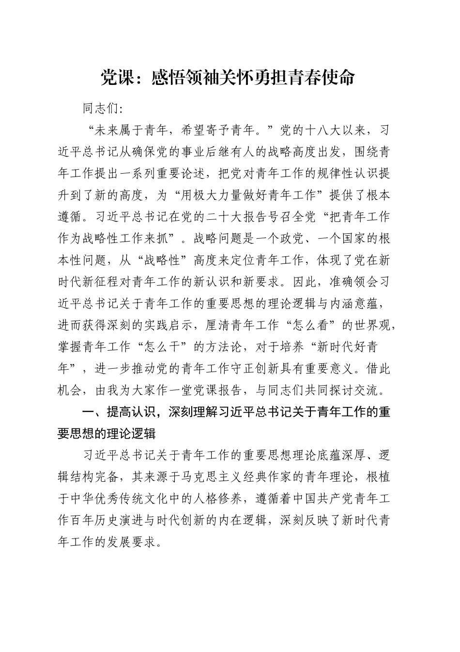 青年工作党课：感悟领袖关怀 勇担青春使命1万字_第1页