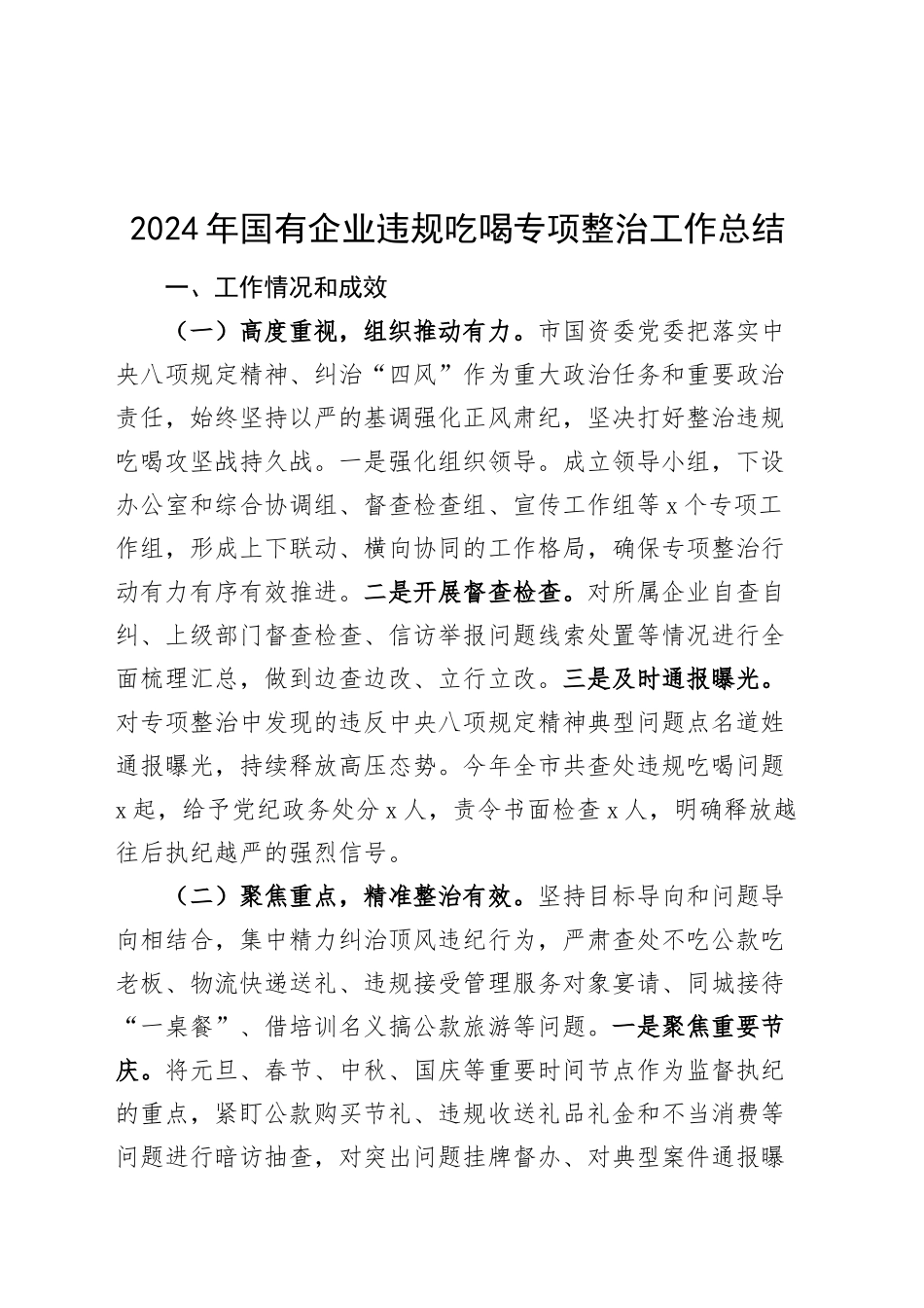 2024年国有企业违规吃喝专项整治工作总结公司汇报报告20241030_第1页