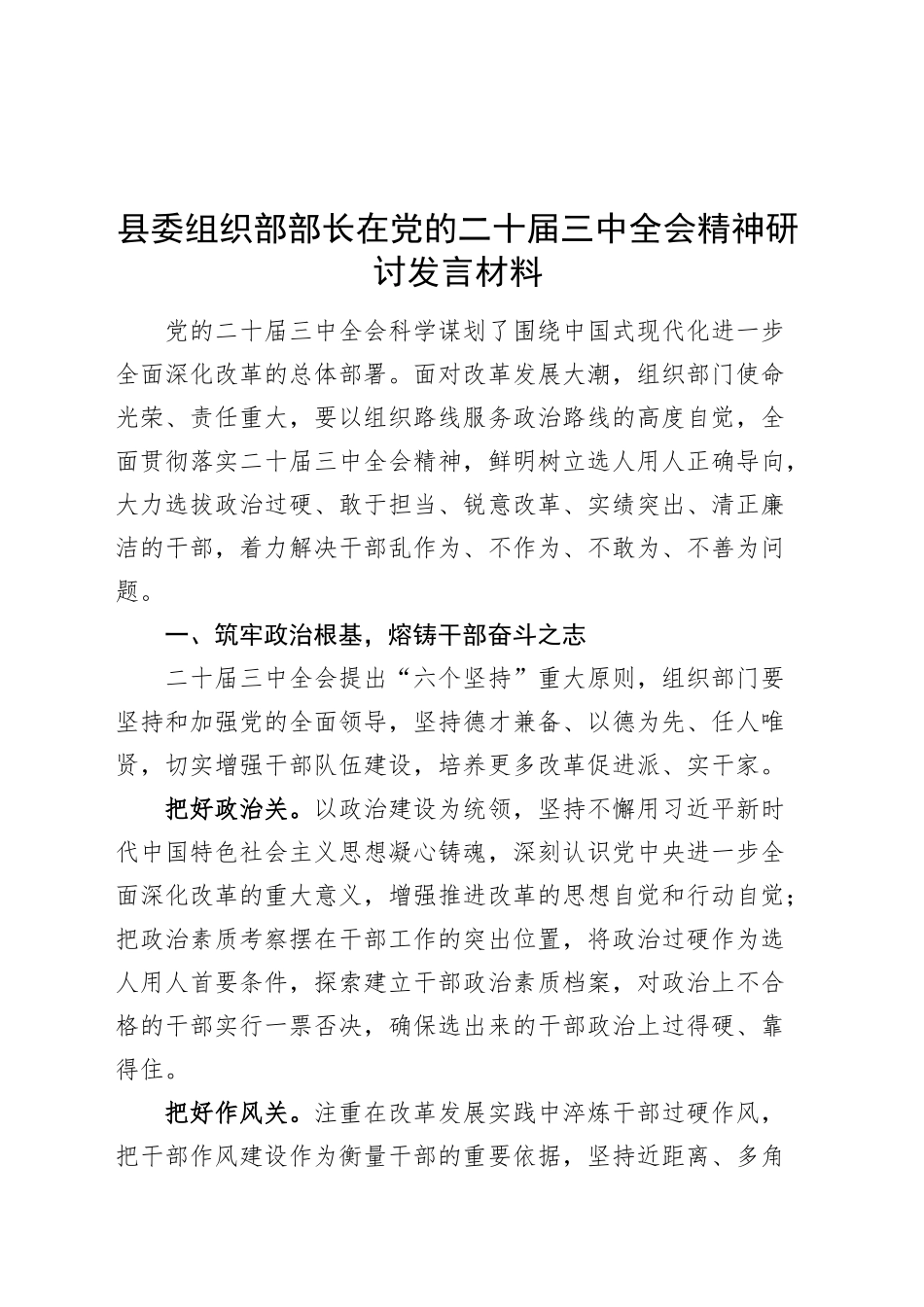 县委组织部部长在党的二十届三中全会精神研讨发言材料心得体会20241030_第1页