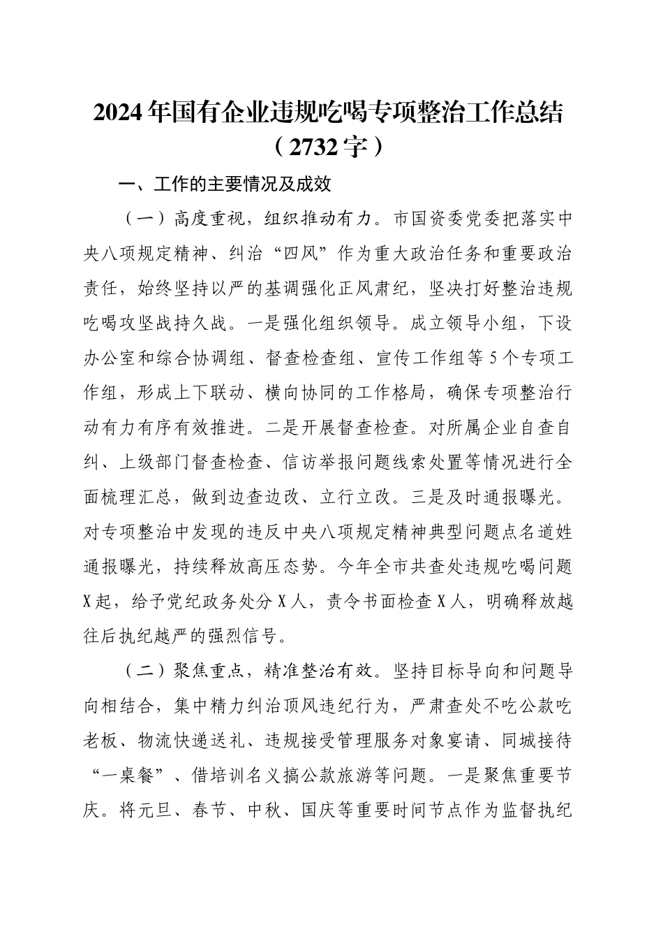 2024年国企违规吃喝专项整治工作总结（2732字）_第1页