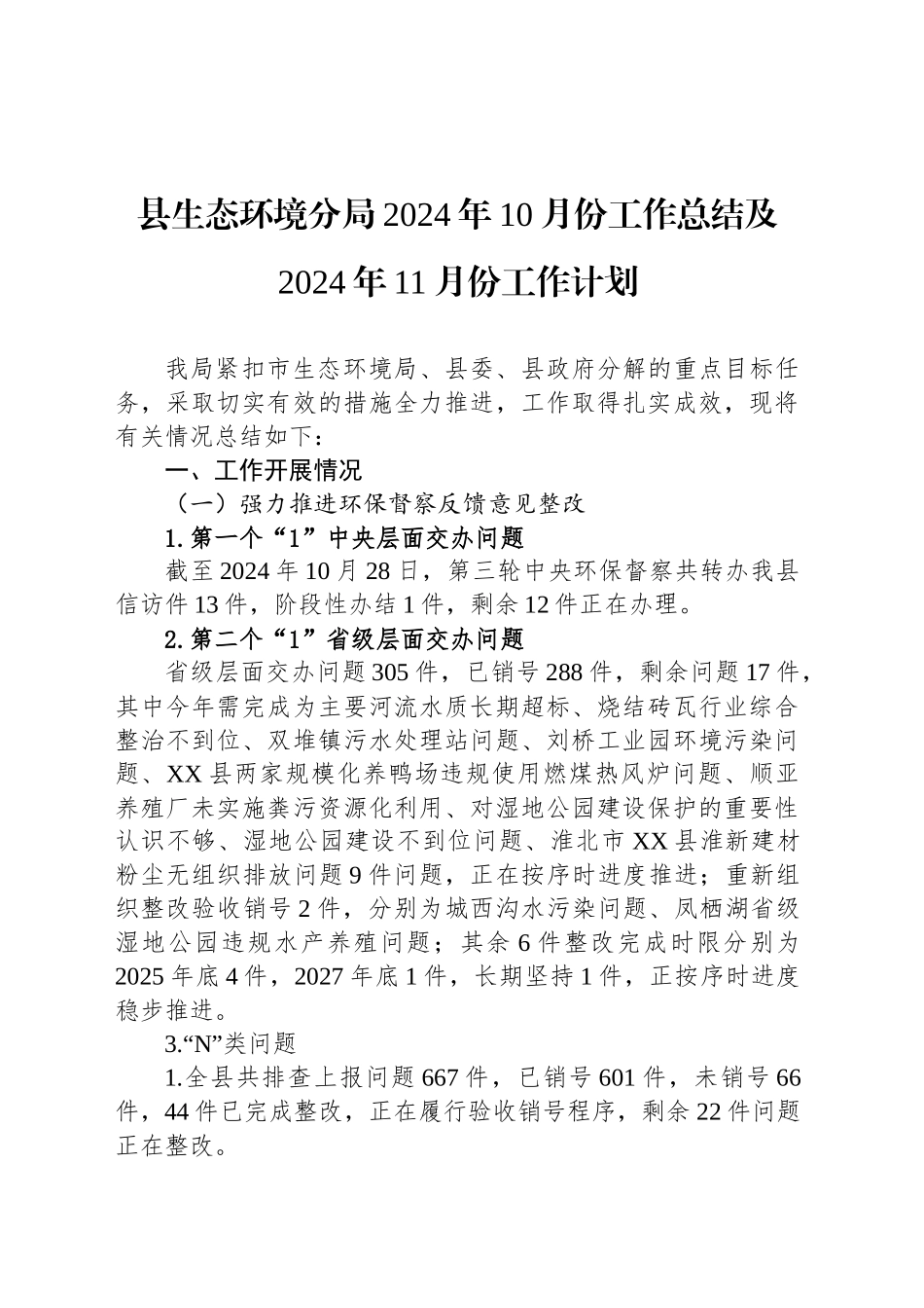 县生态环境分局2024年10月份工作总结及2024年11月份工作计划（20241028）_第1页