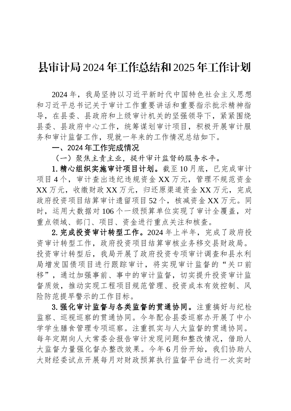 县审计局2024年工作总结和2025年工作计划（20241021）_第1页