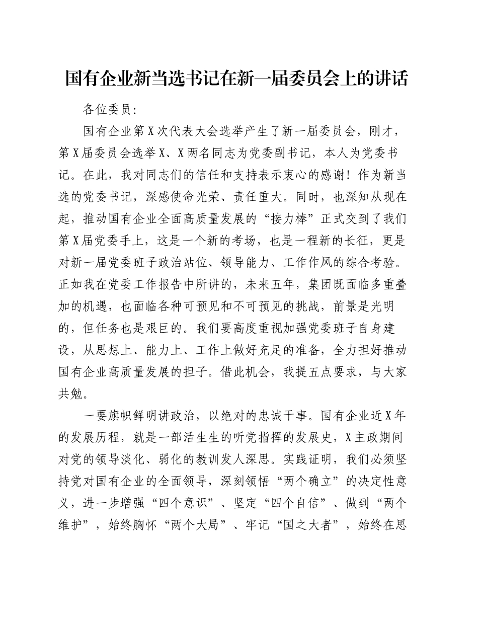 国有企业新当选书记在新一届委员会上的讲话_第1页