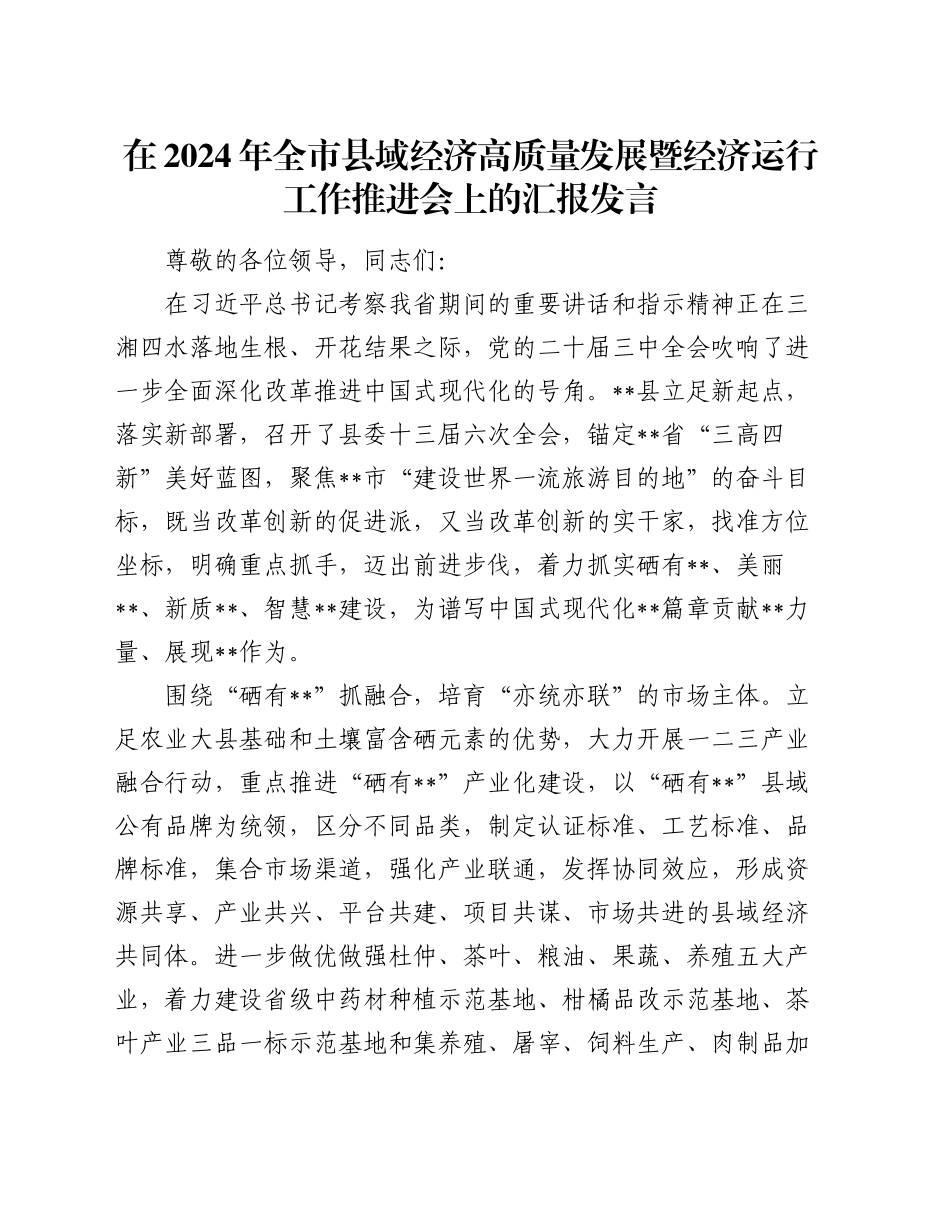 在2024年全市县域经济高质量发展暨经济运行工作推进会上的汇报发言_第1页