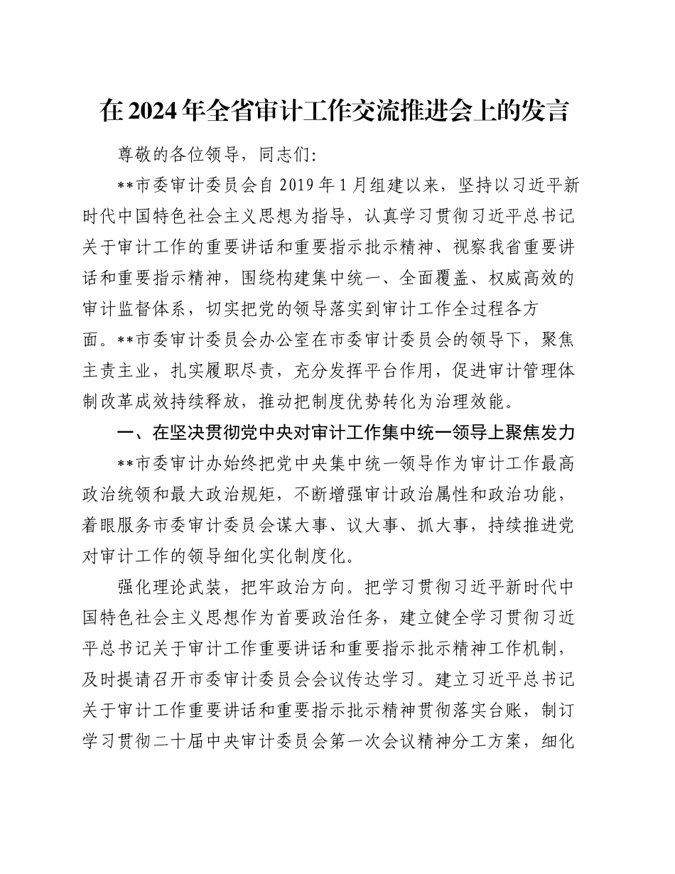 在2024年全省审计工作交流推进会上的发言_第1页