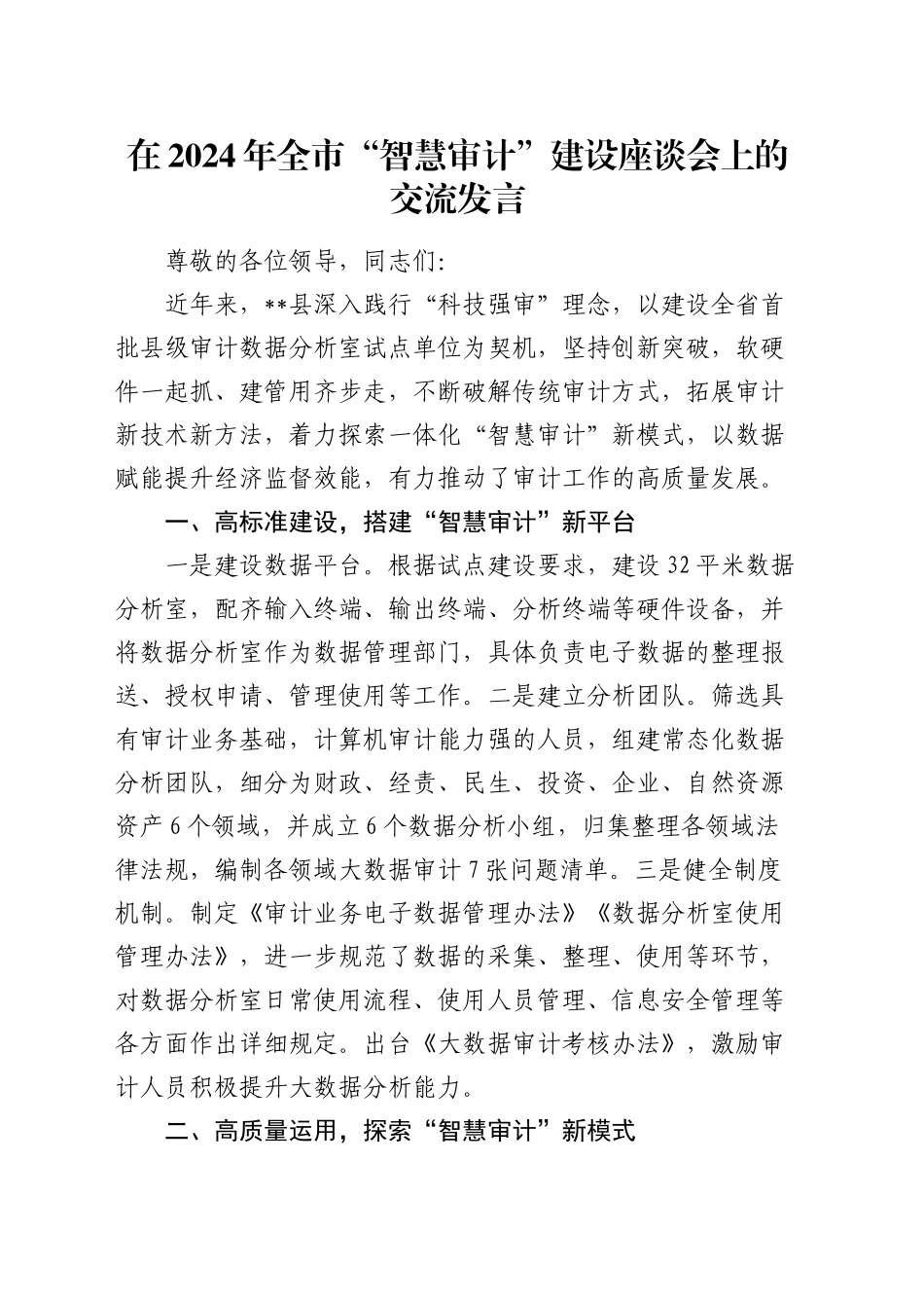 在全市“智慧审计”建设座谈会上的交流发言_第1页