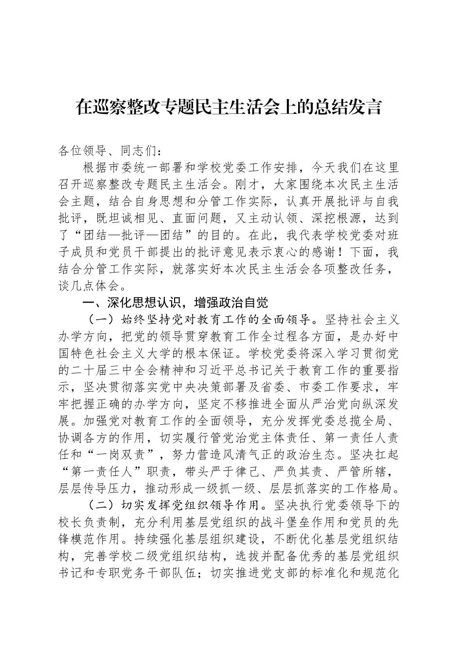 在巡察整改专题民主生活会上的总结发言_第1页