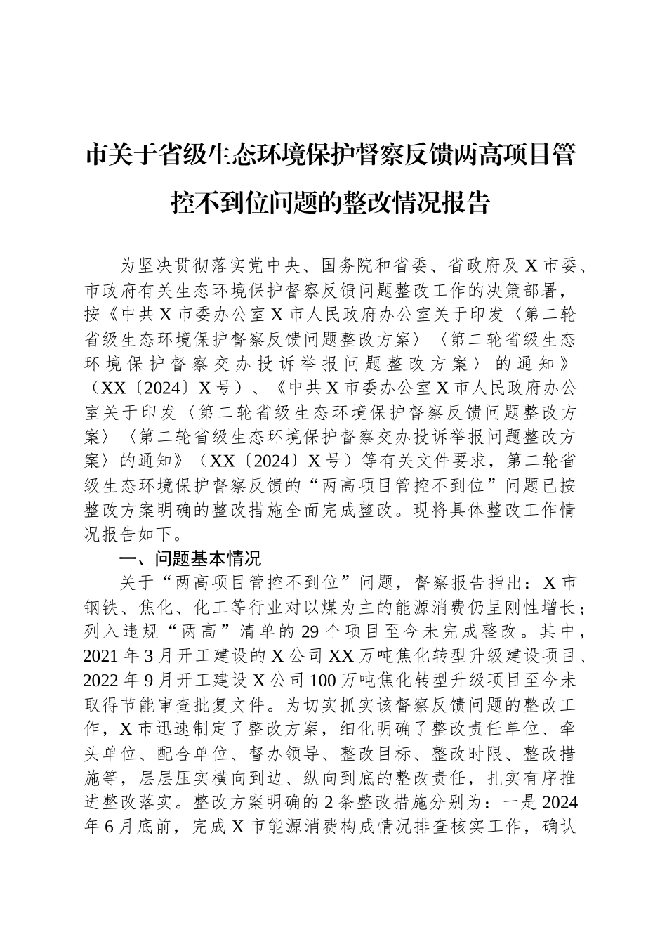 市关于省级生态环境保护督察反馈两高项目管控不到位问题的整改情况报告_第1页