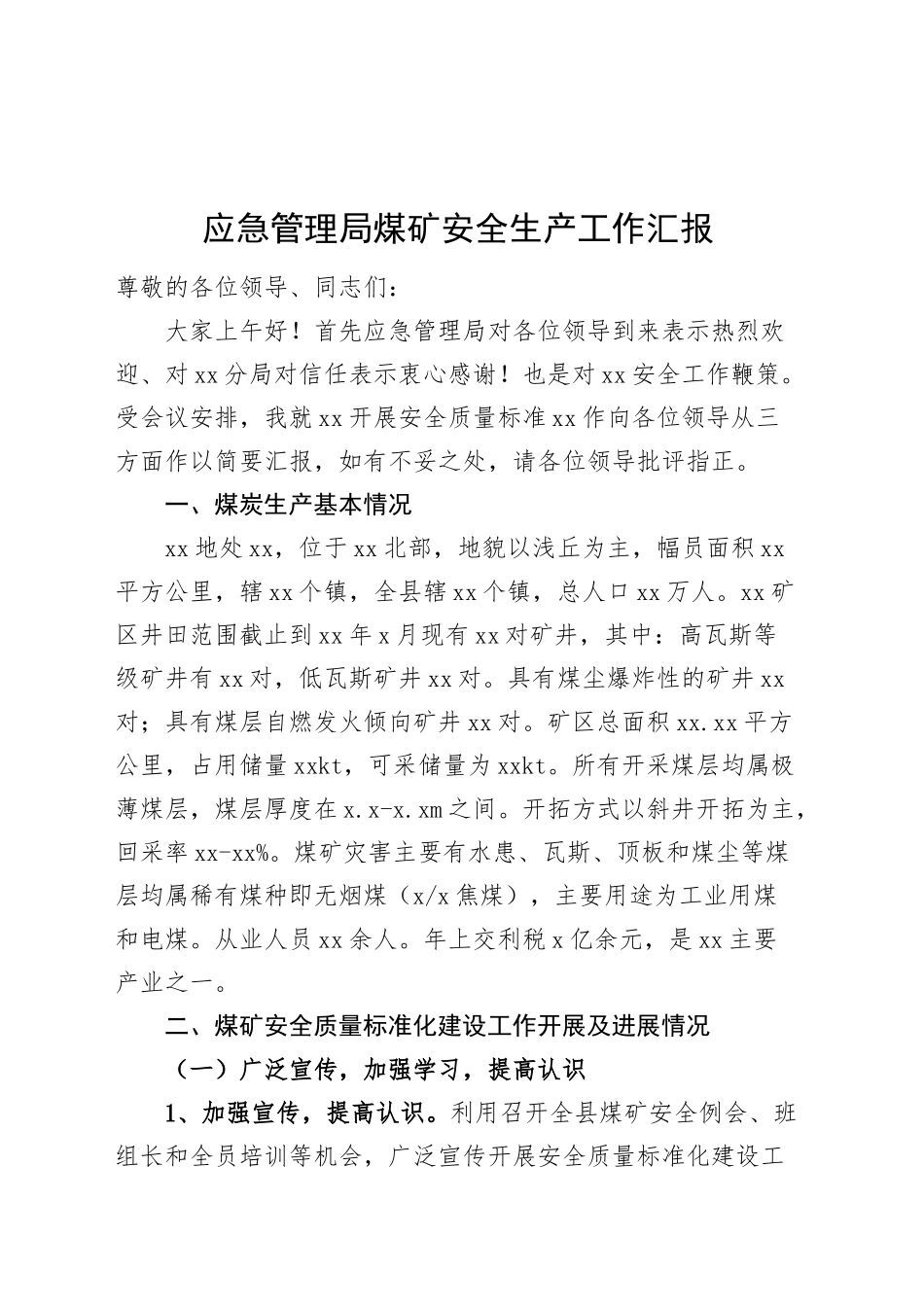 应急管理局煤矿安全生产工作汇报20241106_第1页
