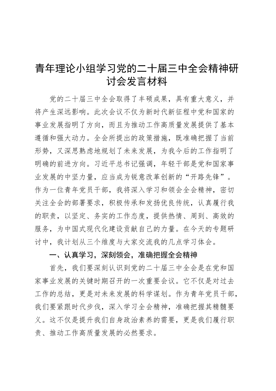 青年理论小组学习党的二十届三中全会精神研讨会发言材料心得体会20241106_第1页