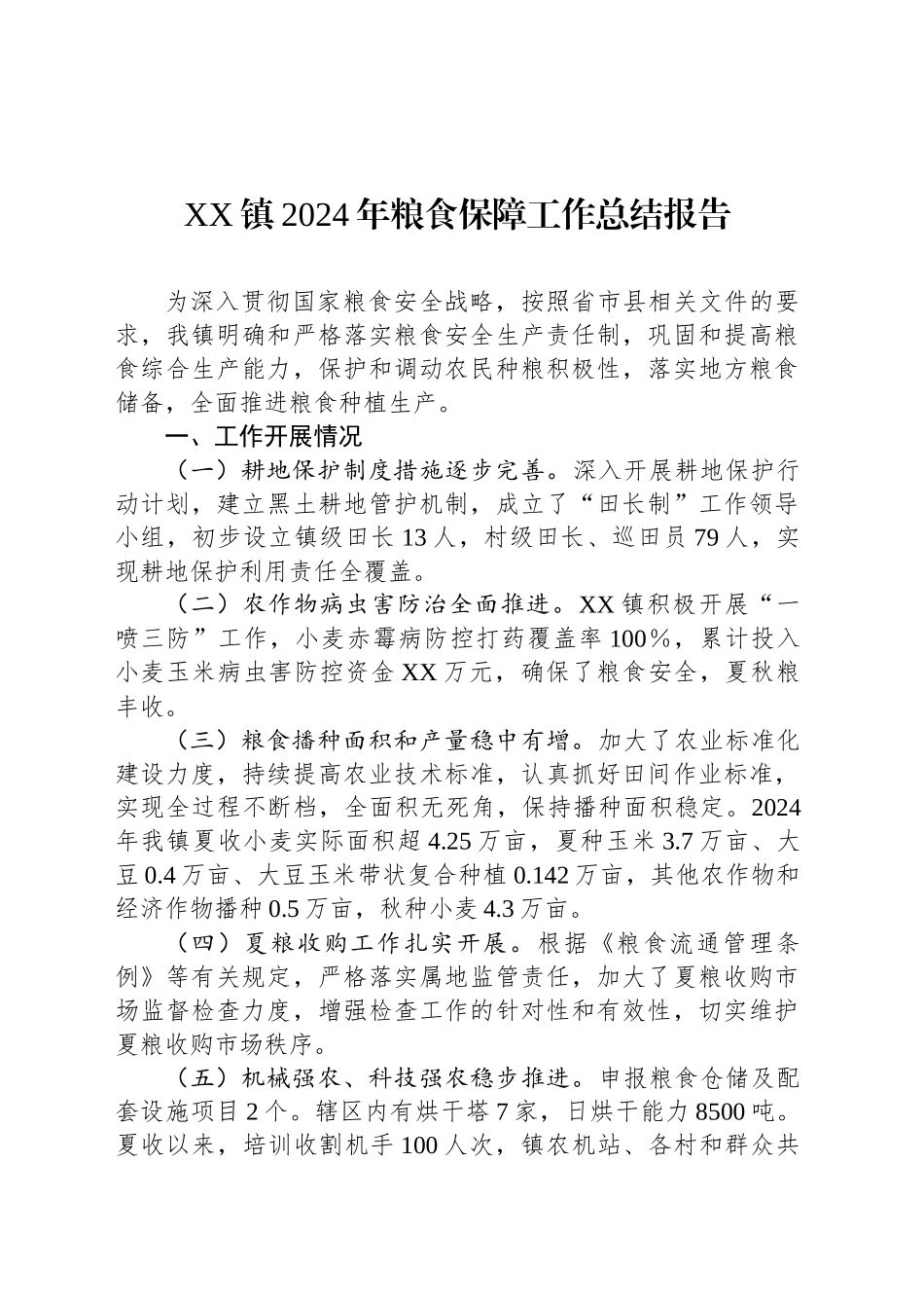 XX镇2024年粮食保障工作总结报告_第1页