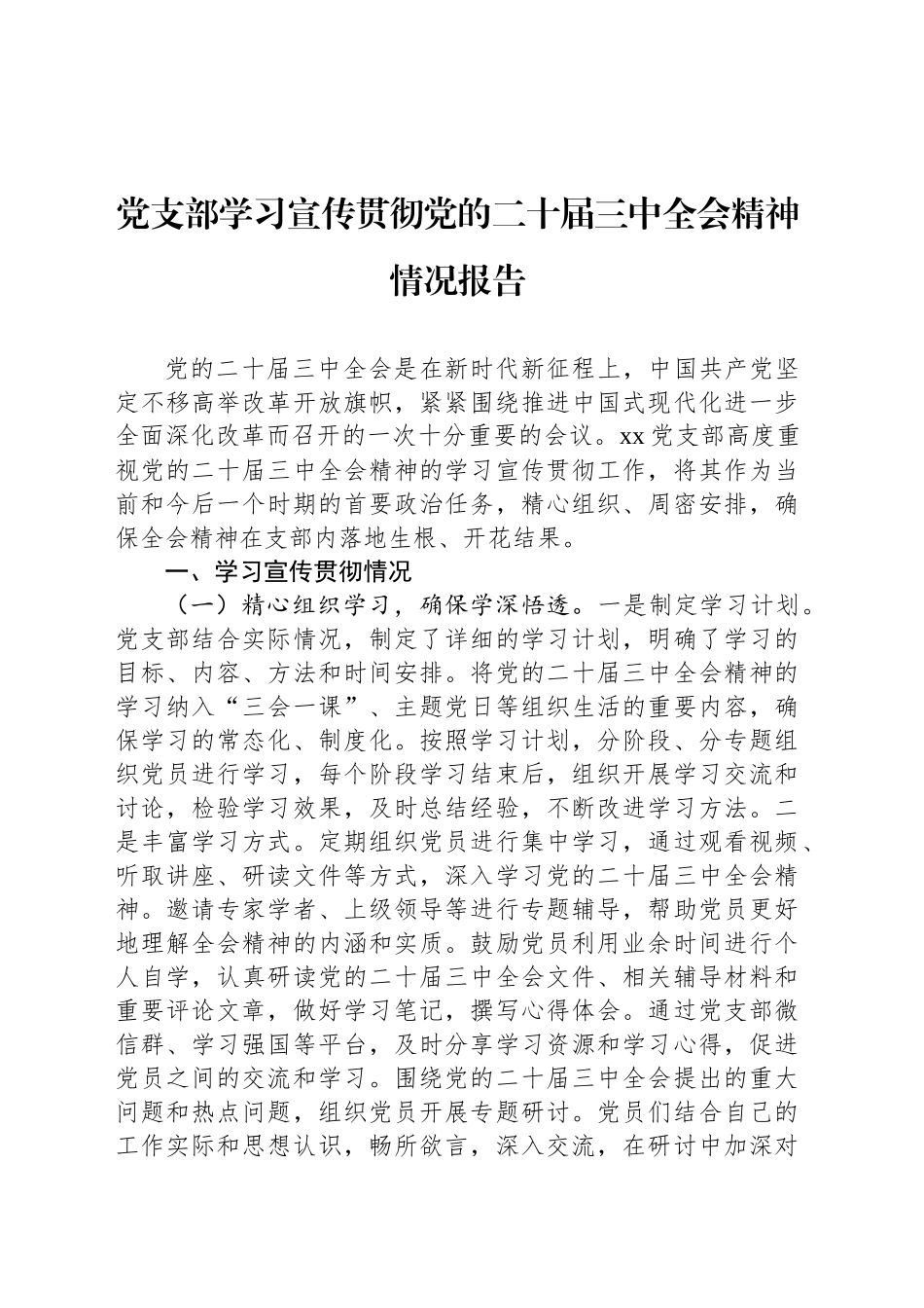 党支部学习宣传贯彻党的二十届三中全会精神情况报告_第1页
