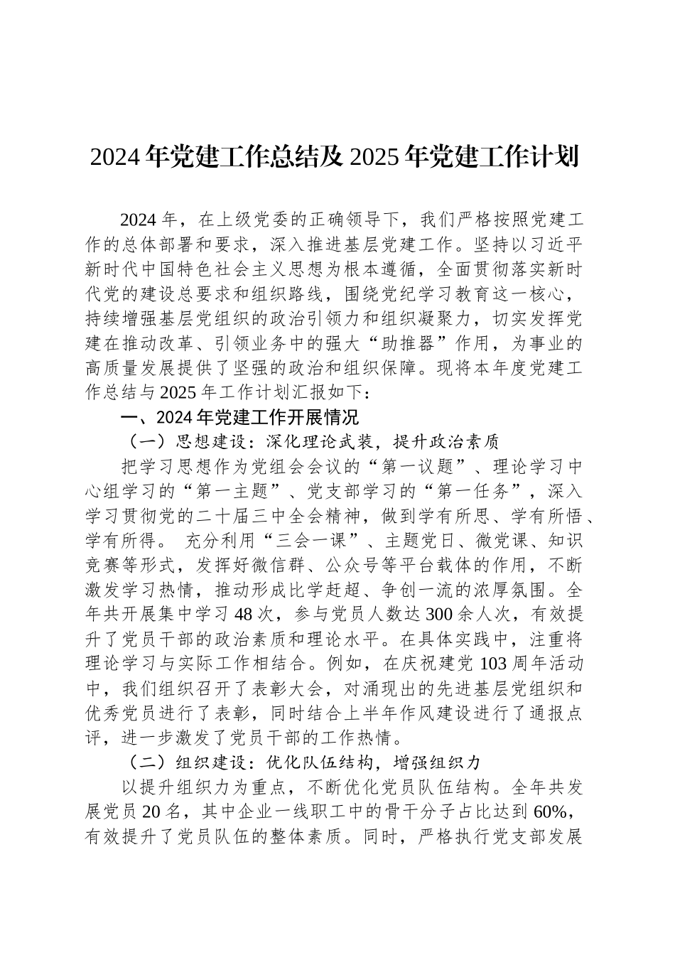 2024年党建工作总结及2025年党建工作计划-2_第1页