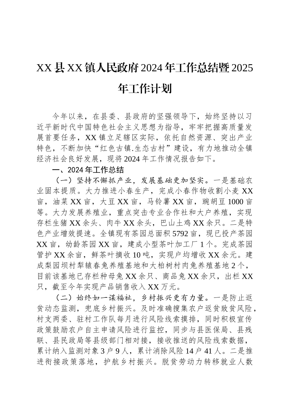 XX县XX镇人民政府2024年工作总结暨2025年工作计划(20241101)_第1页