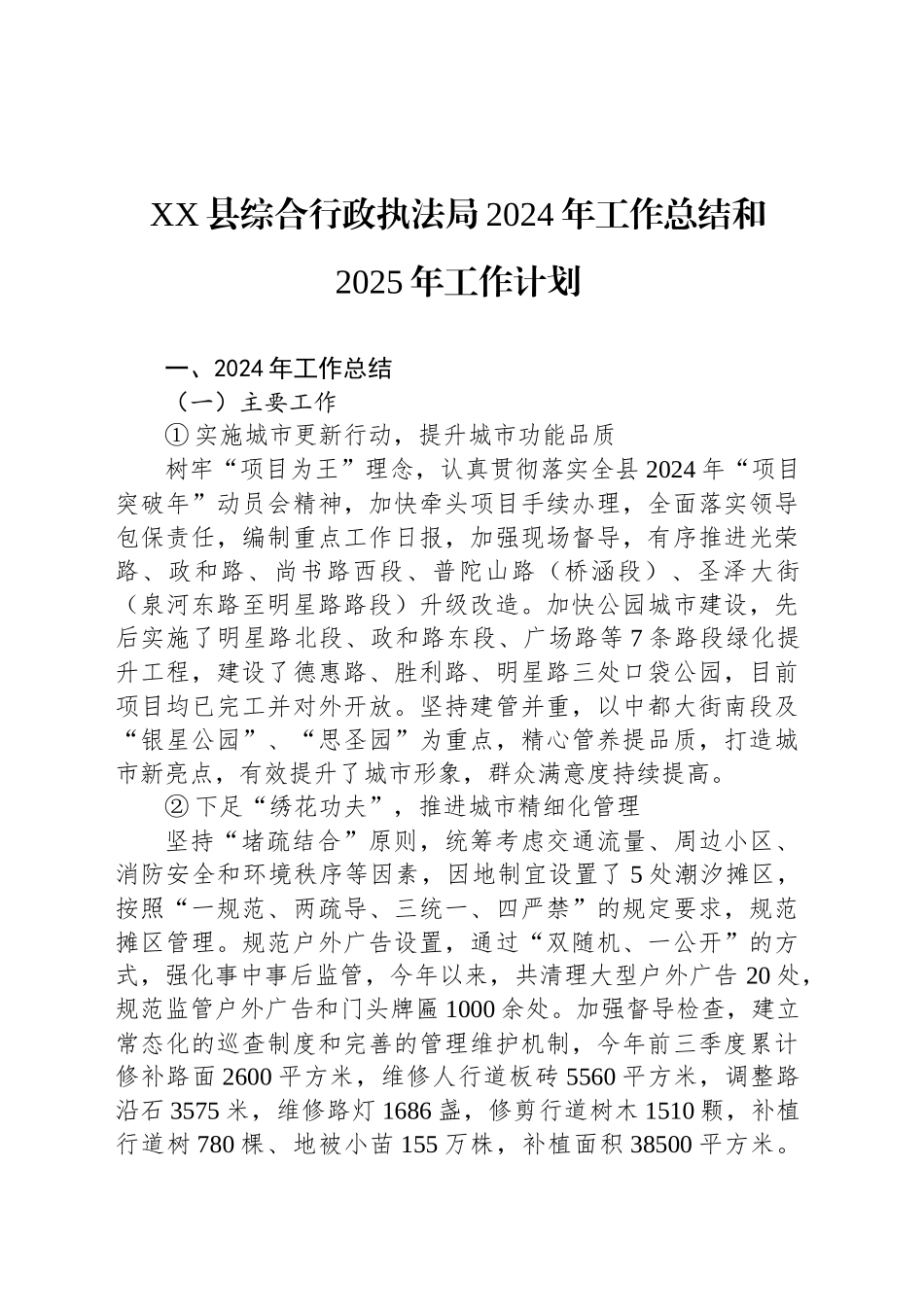 XX县综合行政执法局2024年工作总结和2025年工作计划（20241107）_第1页