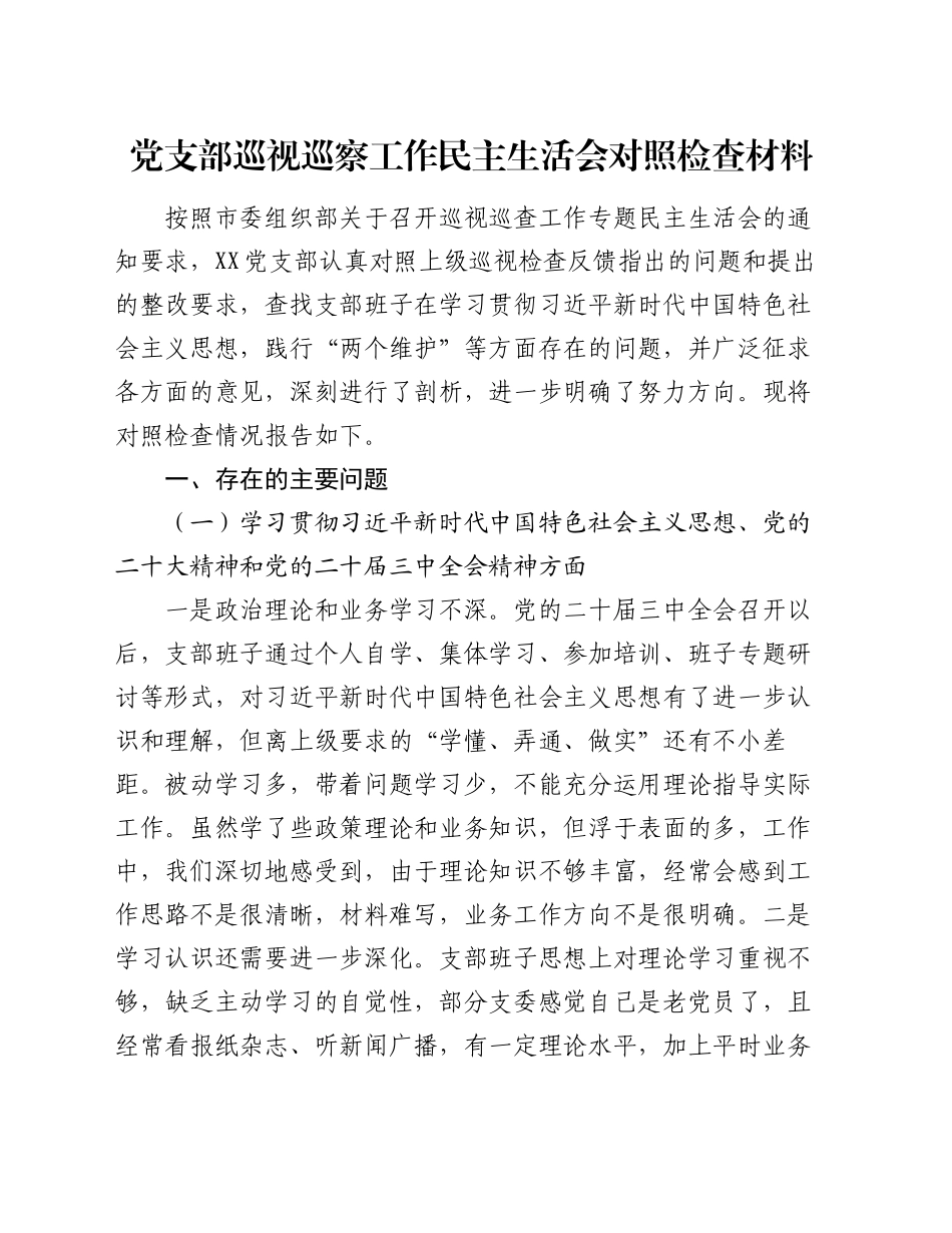 党支部巡视巡察工作民主生活会对照检查材料_第1页