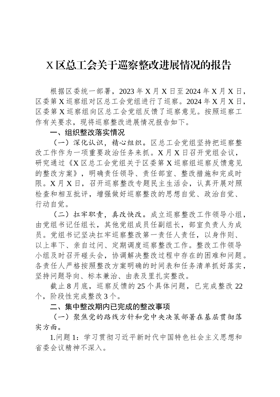 X区总工会关于巡察整改进展情况的报告_第1页