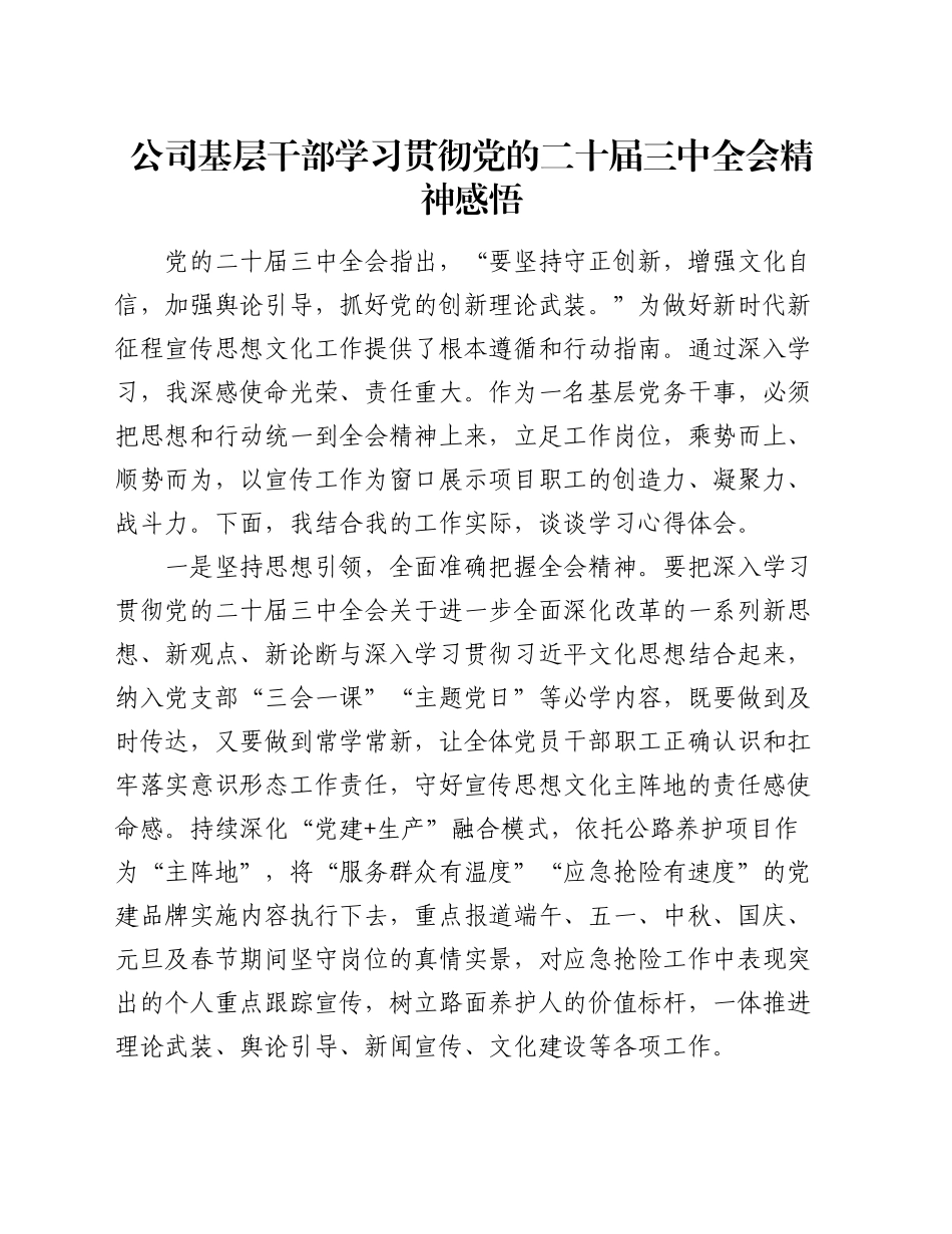 公司基层干部学习贯彻党的二十届三中全会精神感悟_第1页