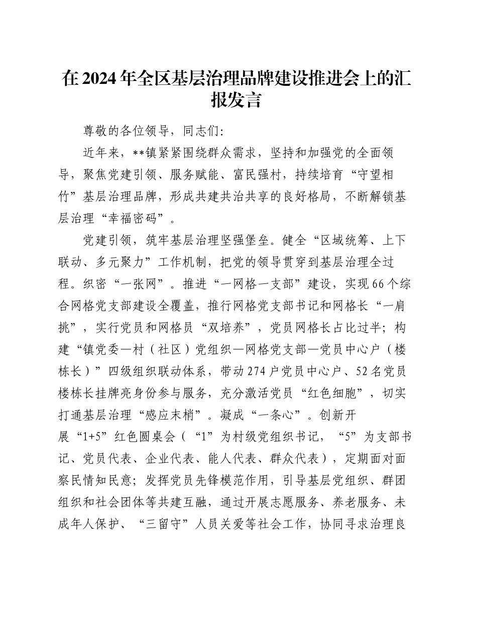 在2024年全区基层治理品牌建设推进会上的汇报发言_第1页