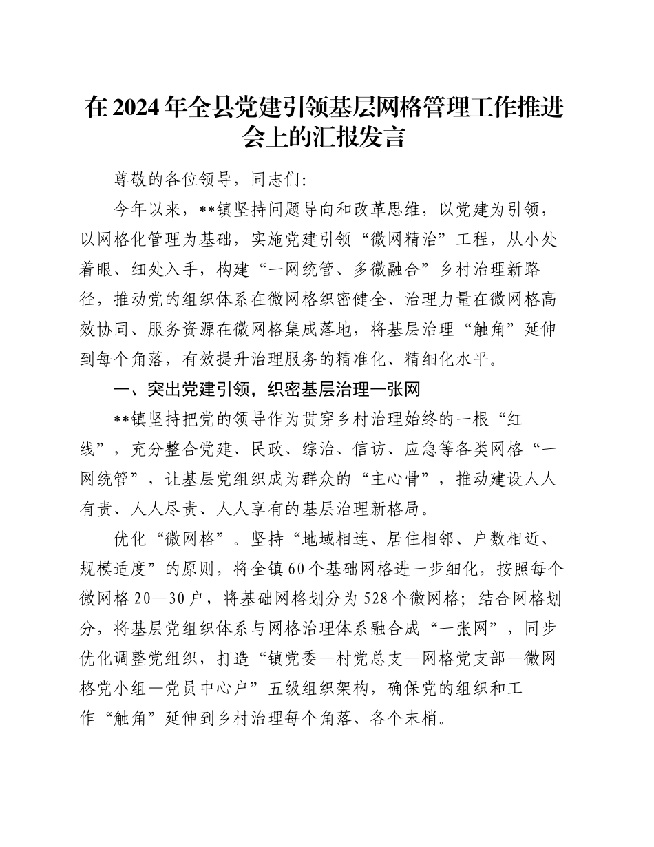 在2024年全县党建引领基层网格管理工作推进会上的汇报发言_第1页