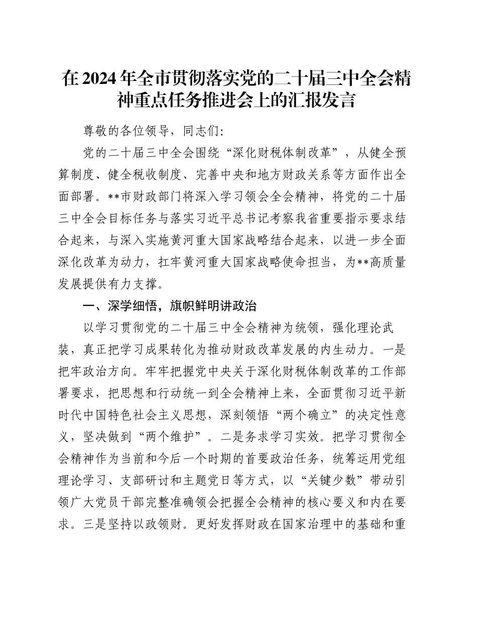 在2024年全市贯彻落实党的二十届三中全会精神重点任务推进会上的汇报发言_第1页