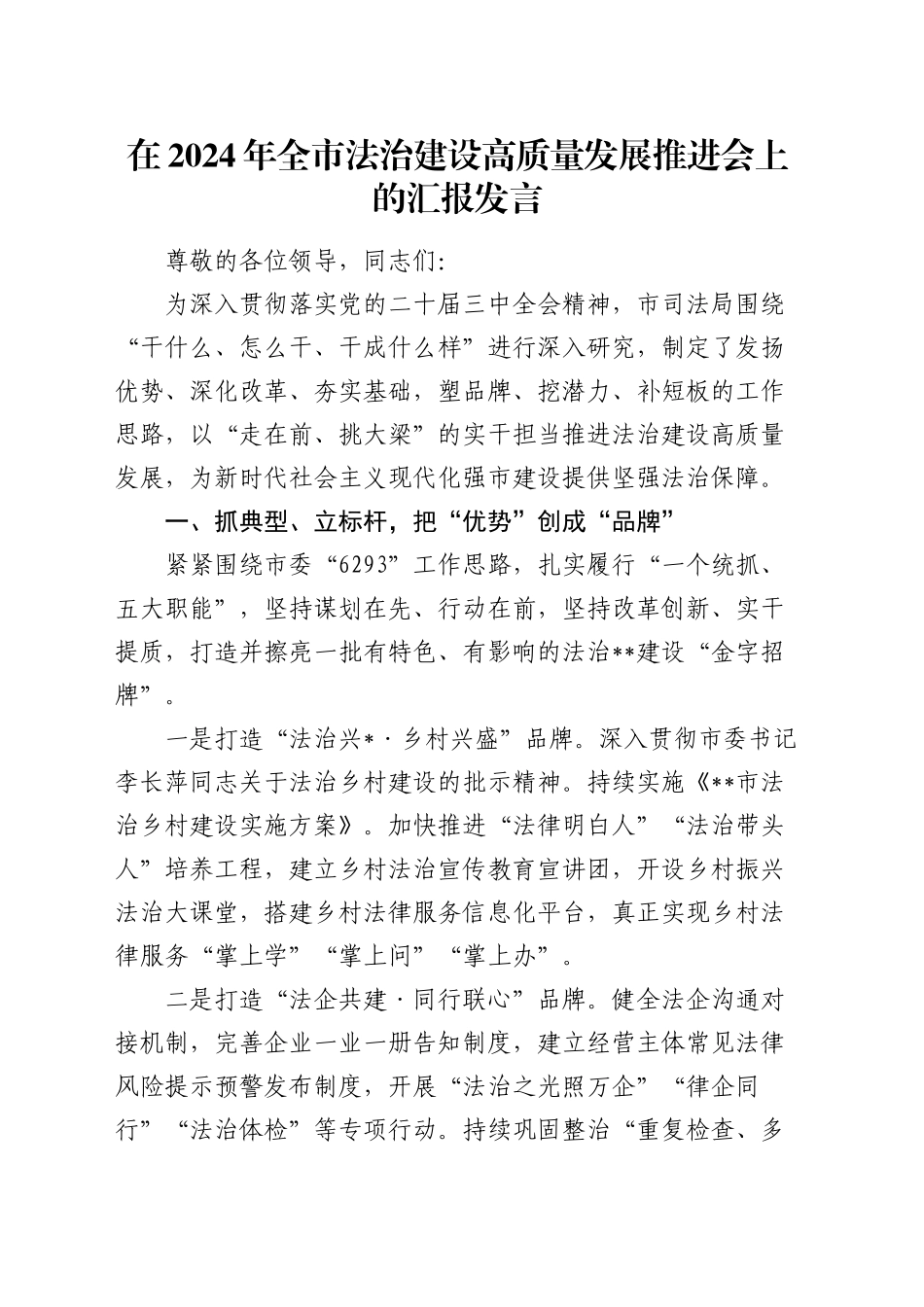 在全市法治建设高质量发展推进会上的汇报发言_第1页