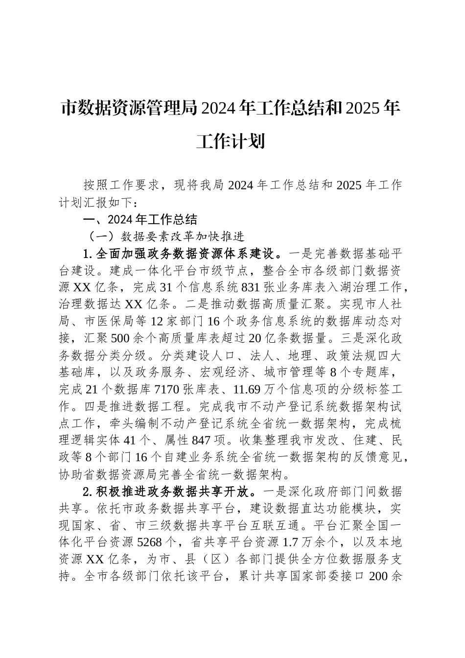 市数据资源管理局2024年工作总结和2025年工作计划(20241108)_第1页