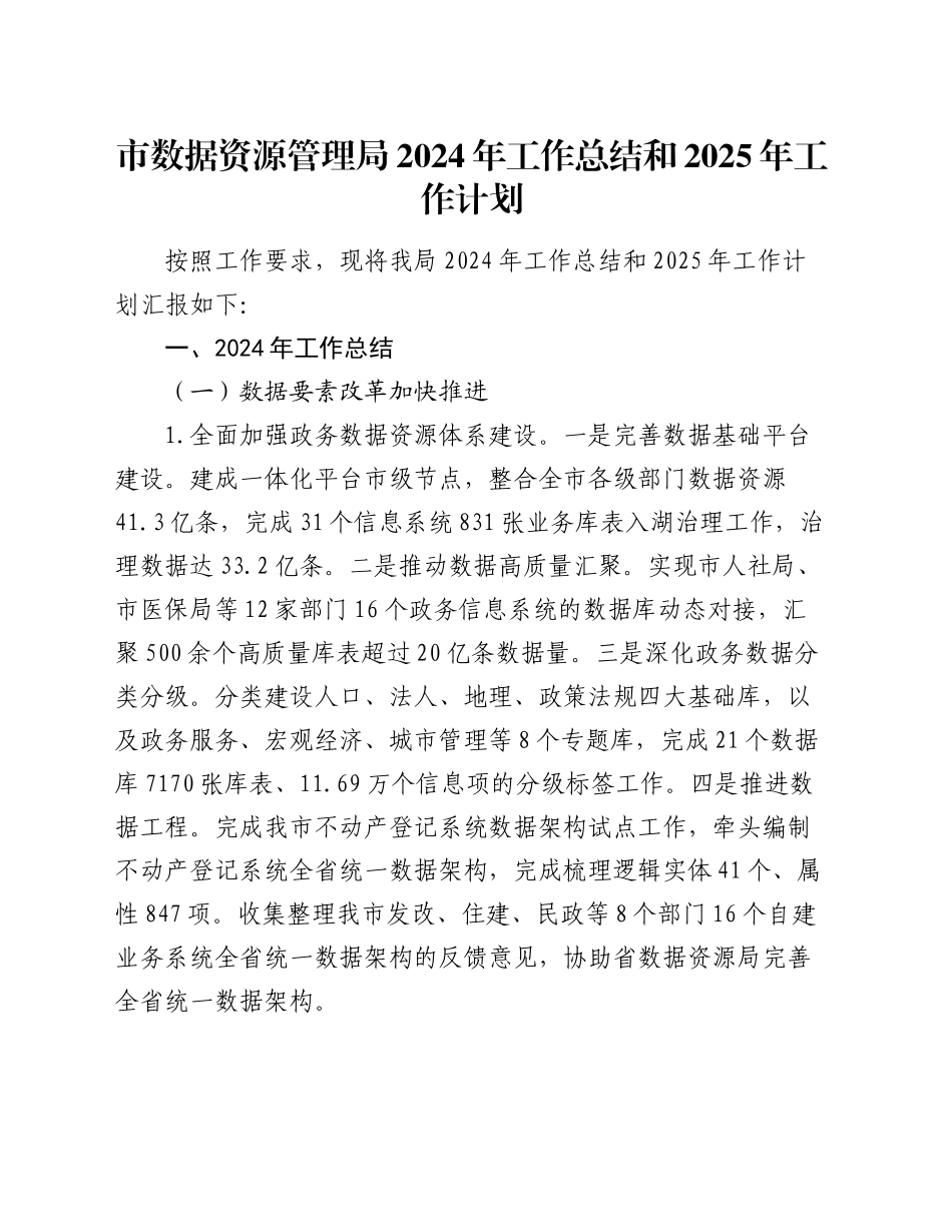 市数据资源管理局2024年工作总结和2025年工作计划_第1页