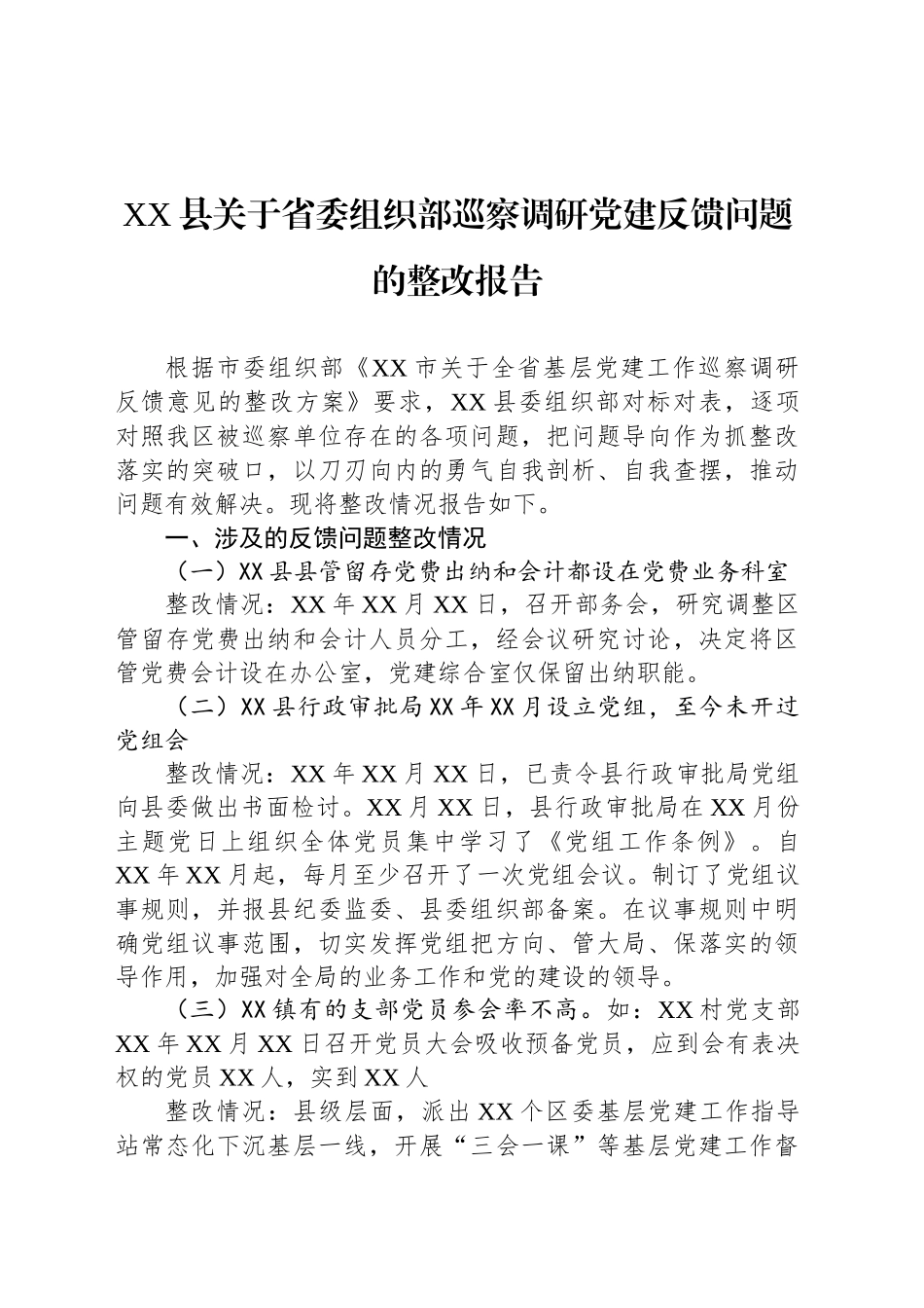 XX县关于省委组织部巡察调研党建反馈问题的整改报告_第1页