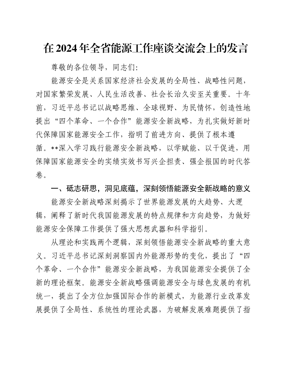 在2024年全省能源工作座谈交流会上的发言_第1页