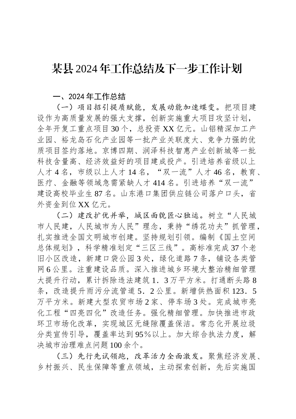某县2024年工作总结及下一步工作计划_第1页