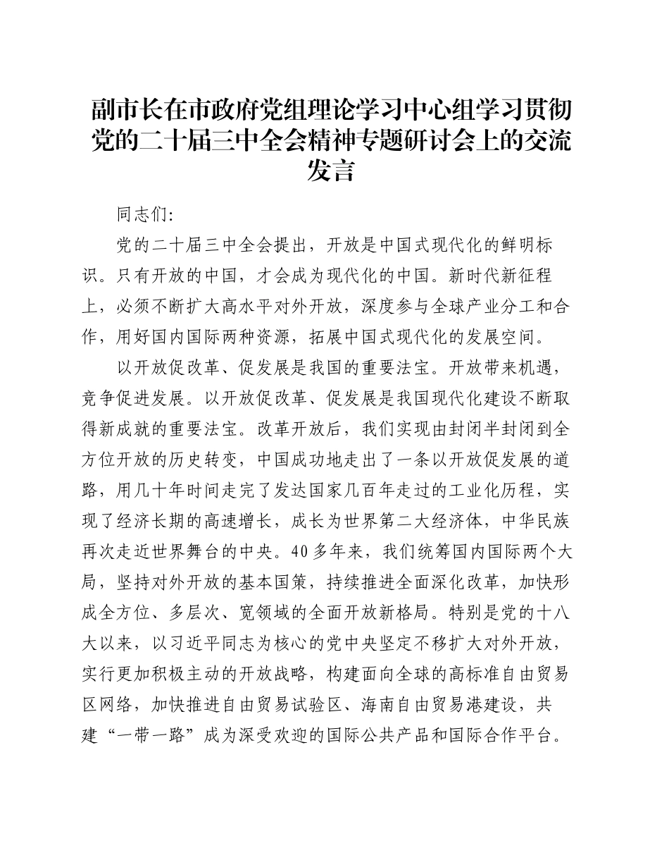 副市长在市政府党组理论学习中心组学习贯彻党的二十届三中全会精神专题研讨会上的交流发言_第1页