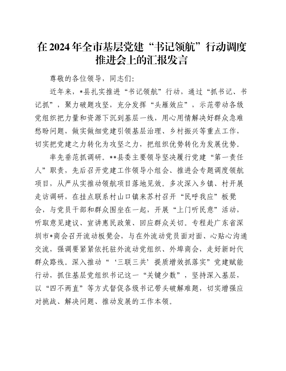 在2024年全市基层党建“书记领航”行动调度推进会上的汇报发言_第1页