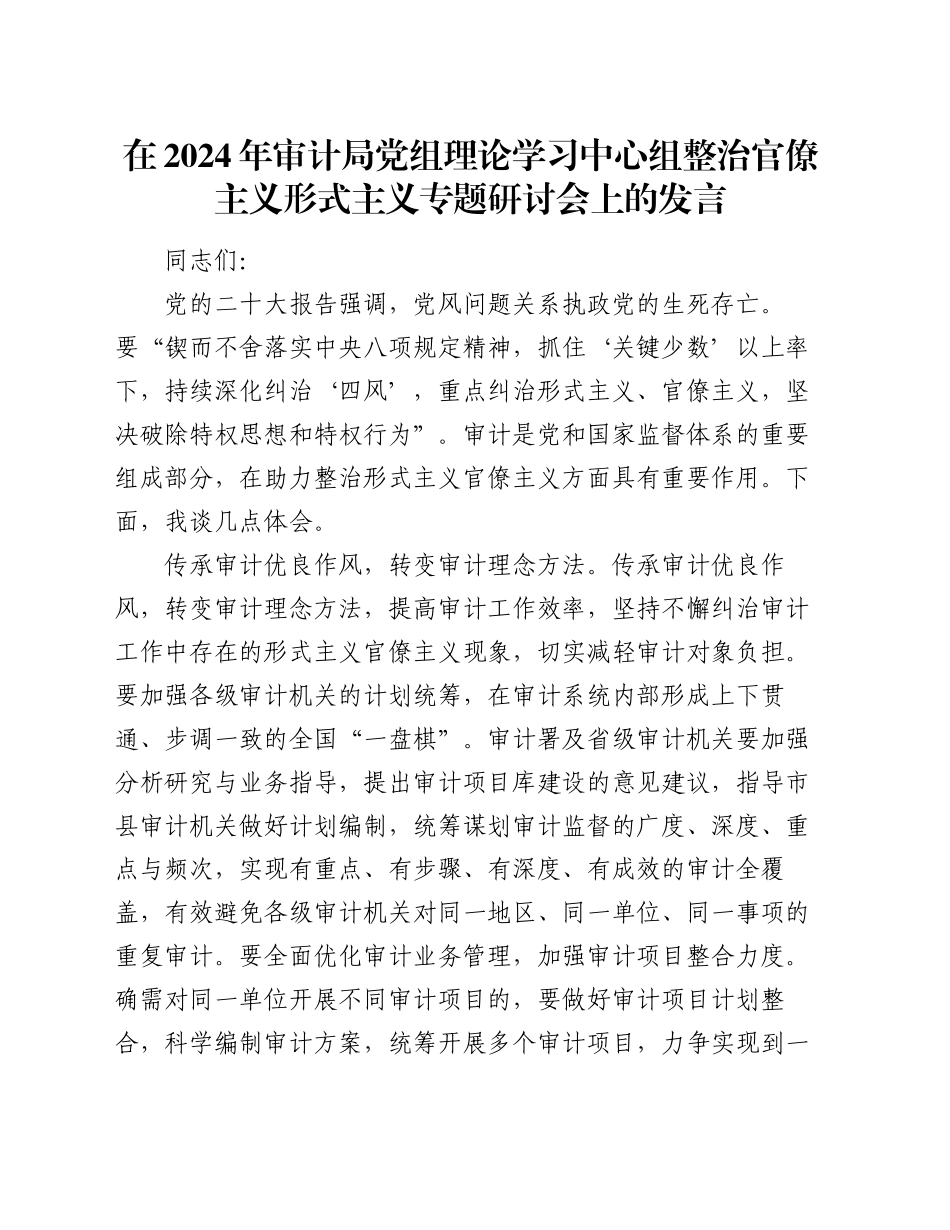 在2024年审计局党组理论学习中心组整治官僚主义形式主义专题研讨会上的发言_第1页