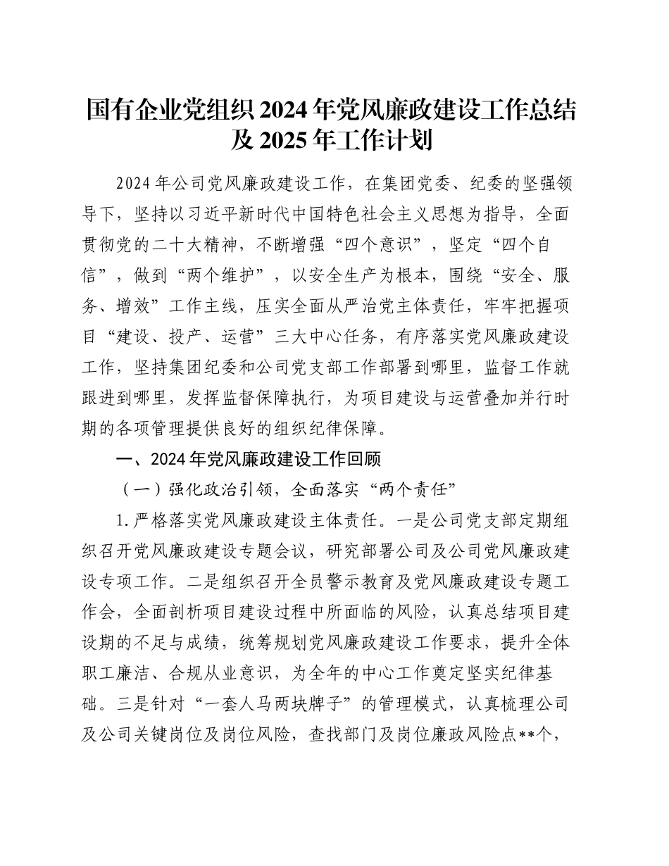 国有企业党组织2024年党风廉政建设工作总结及2025年工作计划20241120_第1页