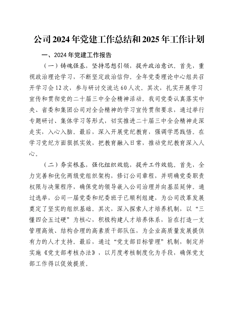 公司2024年党建工作总结和2025年工作计划_第1页