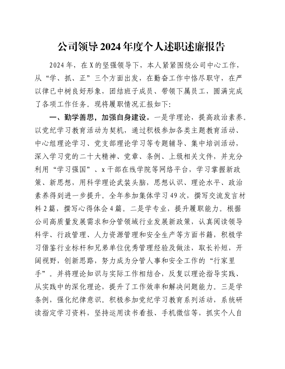 公司领导2024年度个人述职述廉报告3100字_第1页