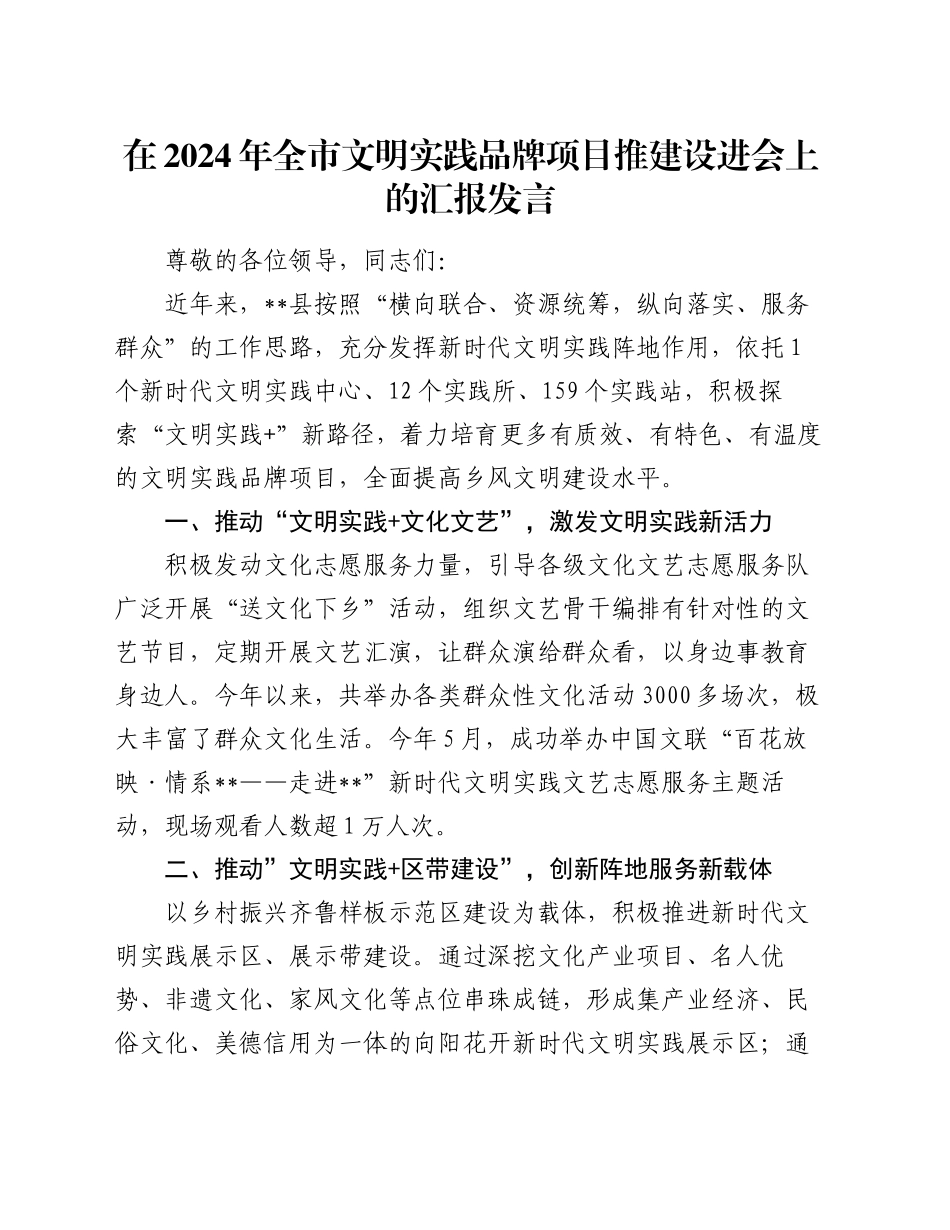 在2024年全市文明实践品牌项目推建设进会上的汇报发言_第1页