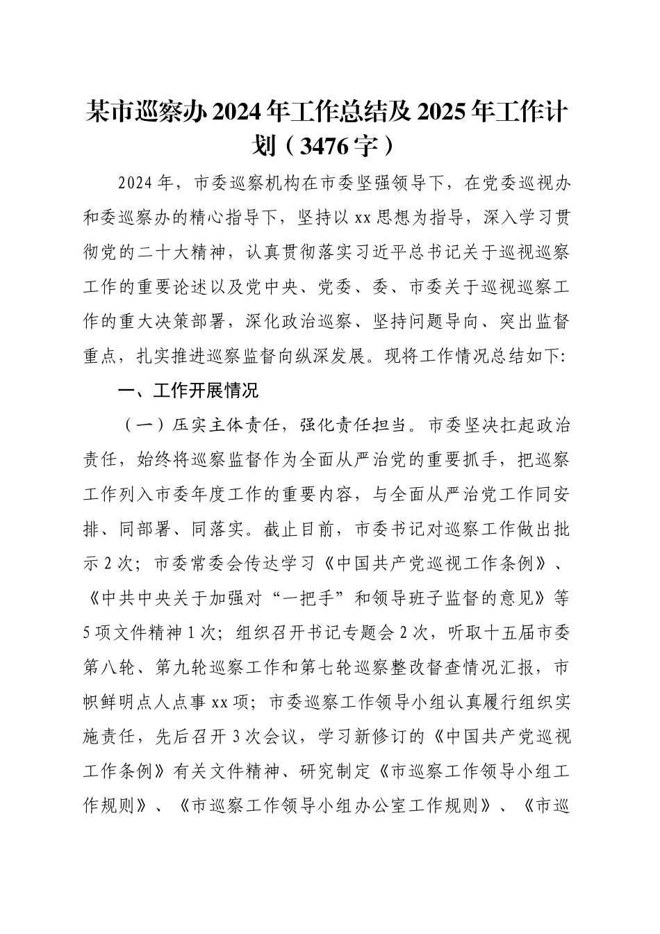 某市巡察办2024年工作总结及2025年工作计划（3476字）_第1页