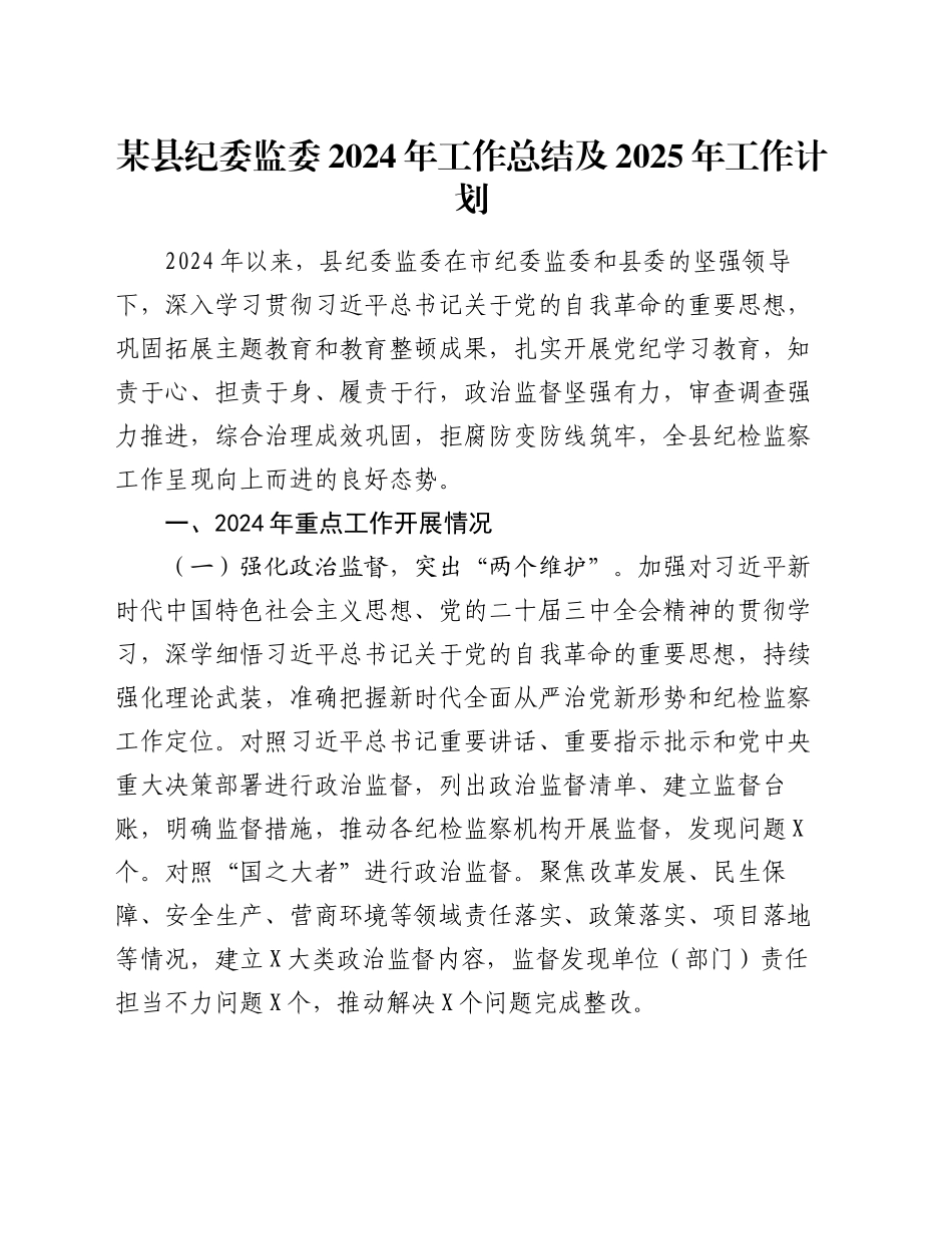 某县纪委监委2024年工作总结及2025年工作计划20241122_第1页