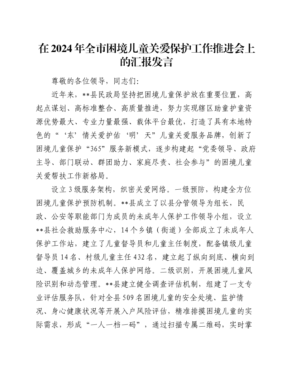 在2024年全市困境儿童关爱保护工作推进会上的汇报发言_第1页