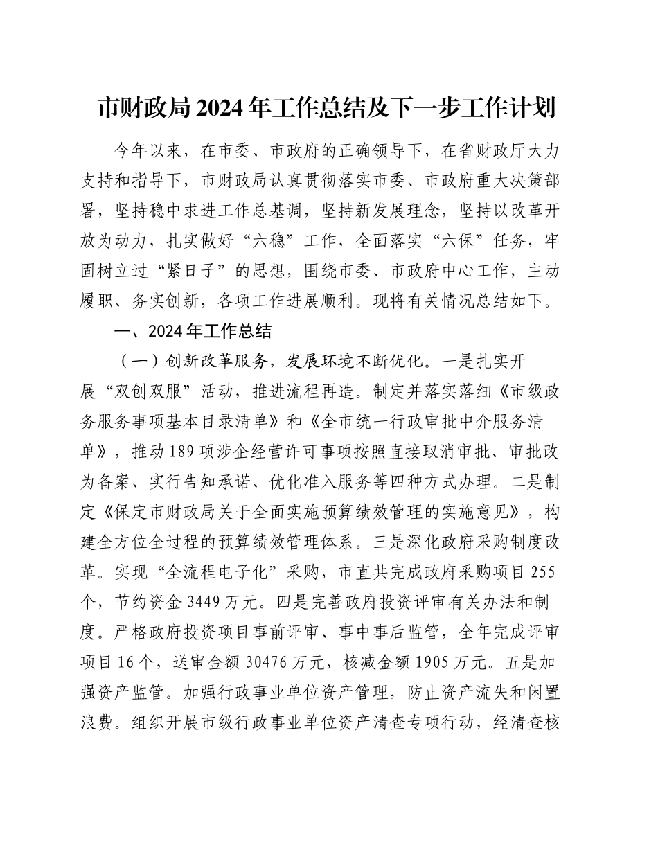 市财政局2024年工作总结及下一步工作计划_第1页