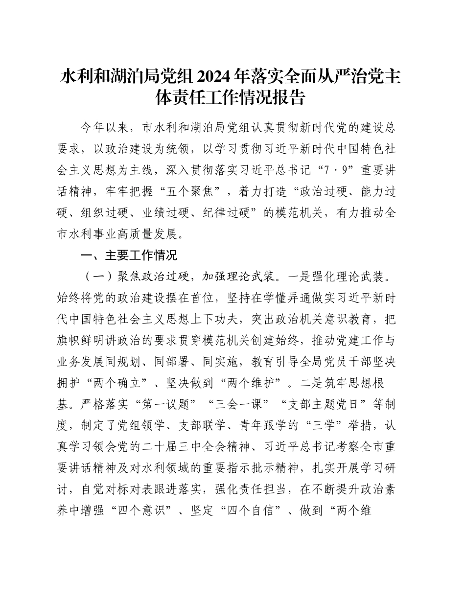 水利和湖泊局党组2024年落实全面从严治党主体责任工作情况报告_第1页