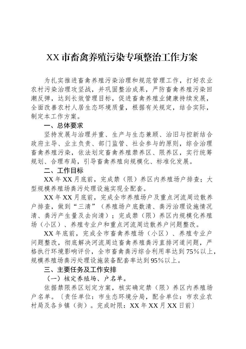 XX市畜禽养殖污染专项整治工作方案_第1页