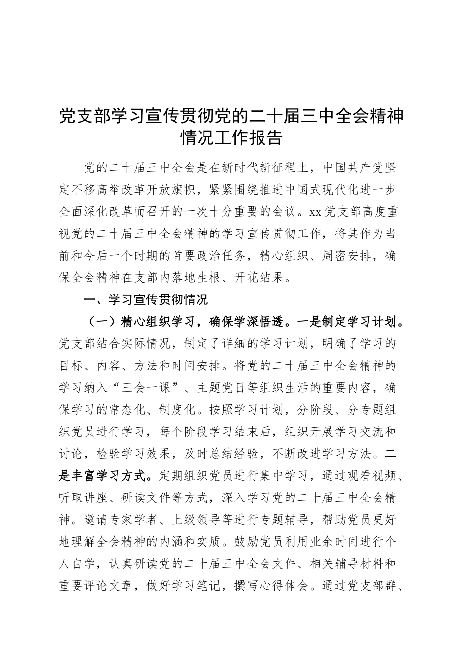 党支部学习宣传贯彻党的二十届三中全会精神情况工作报告20241127_第1页